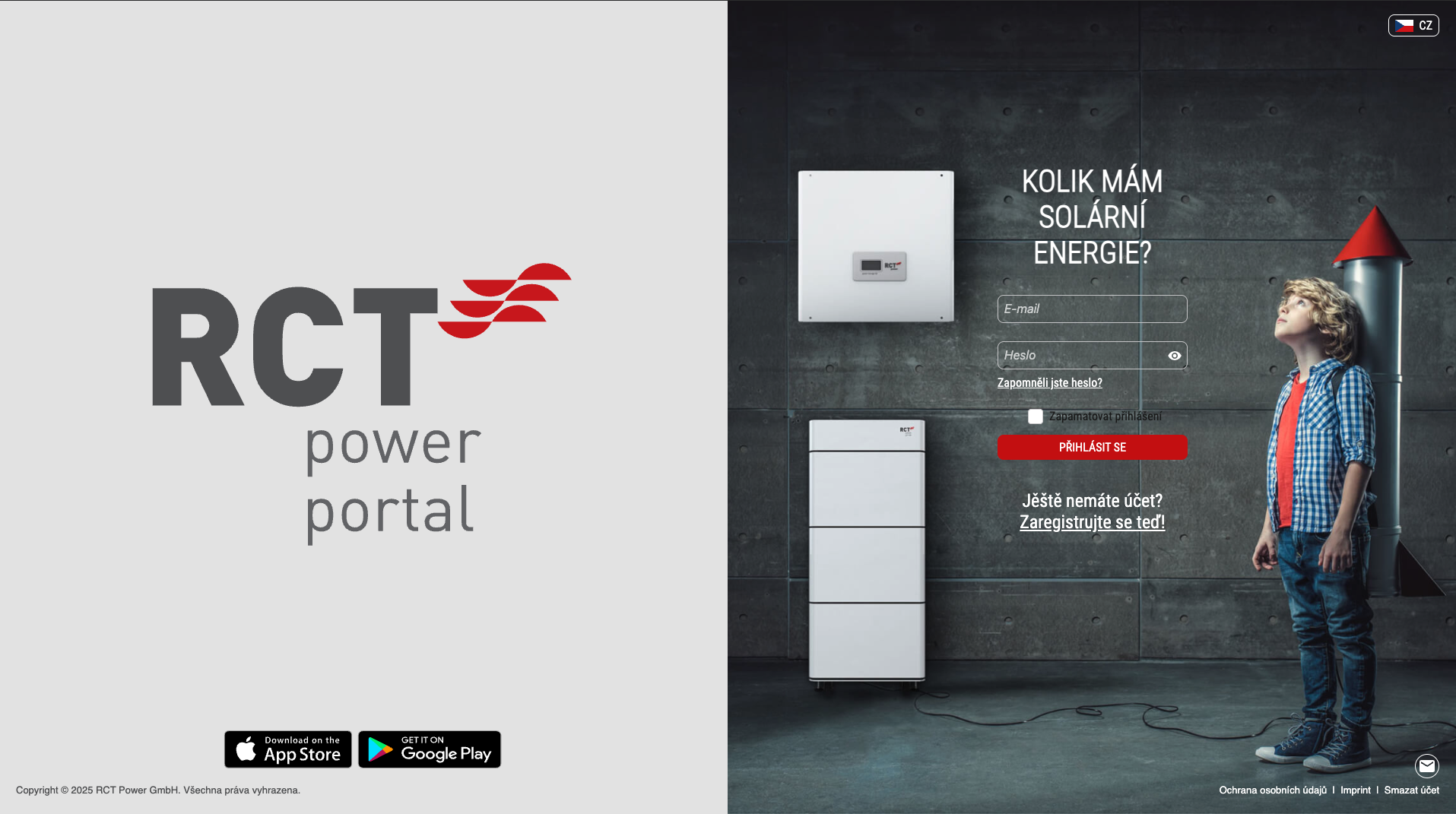 Přihlašovací stránka portálu RCT Power